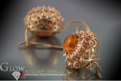 Oro rosa de plata soviético ruso chapado en oro 925 Pendientes de ámbar veab007